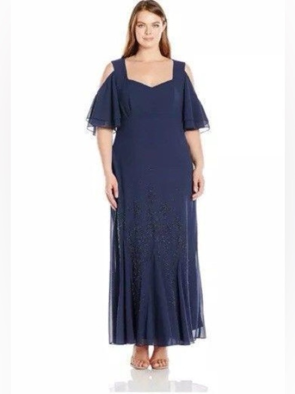 R&M Richards Navy Beaded Cold-Shoulder Maxi Dress